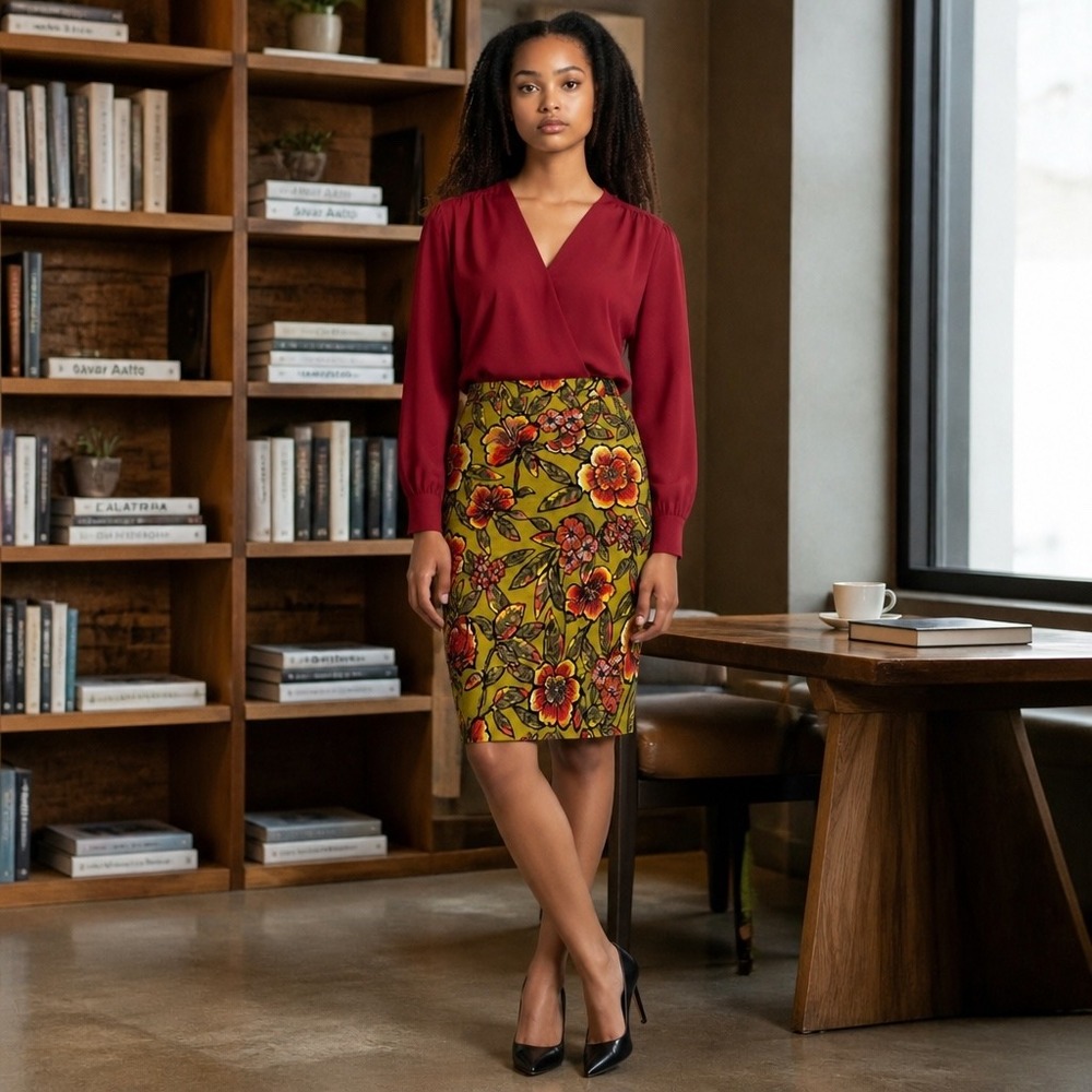 Loft Ann Taylor Green‎ Red Floral Pencil Skirt Women's 6 Preppy Office Business